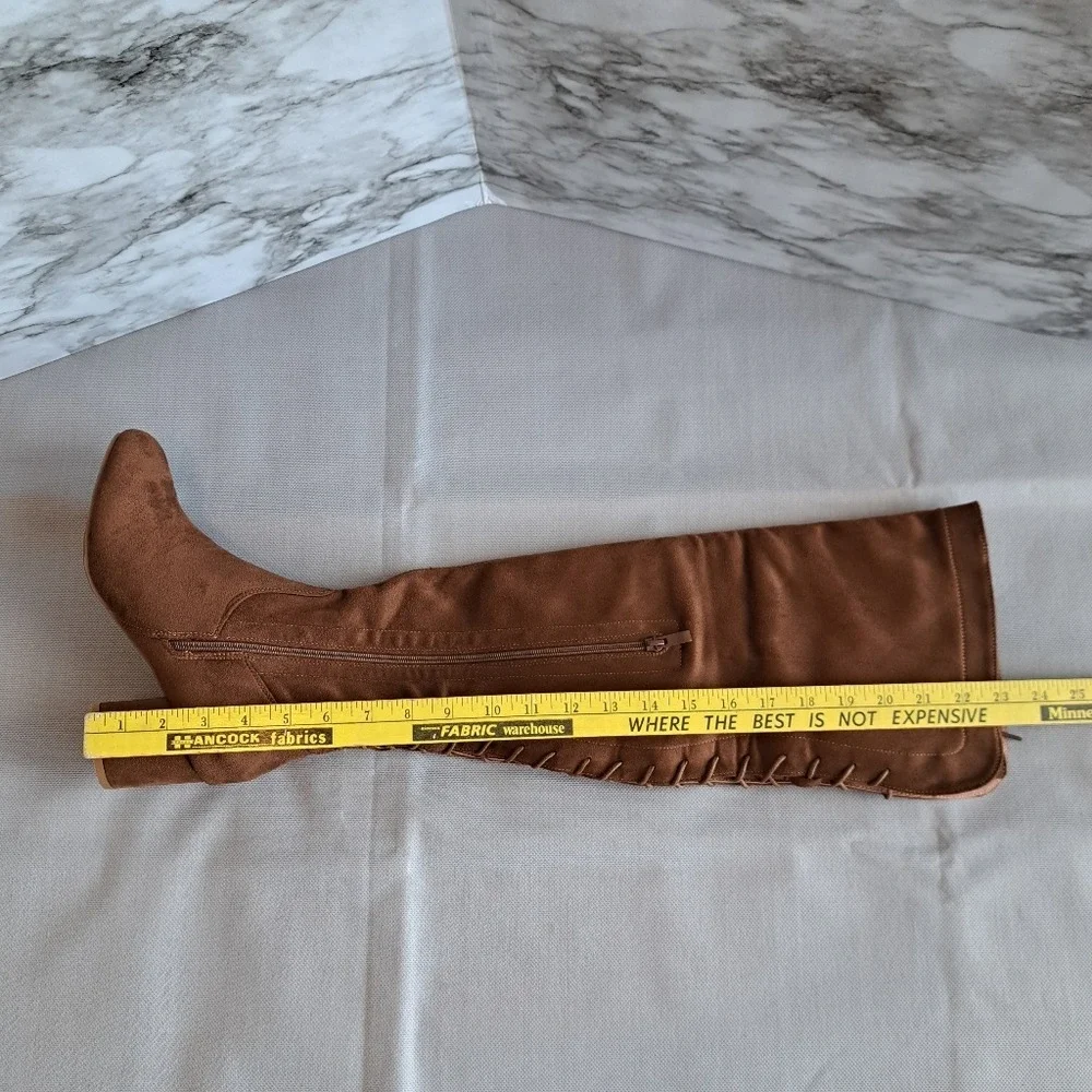 Faux Suede Over The Knee Block Heeled Stretch Boots Camel Full Lace-Up Back‎ 8